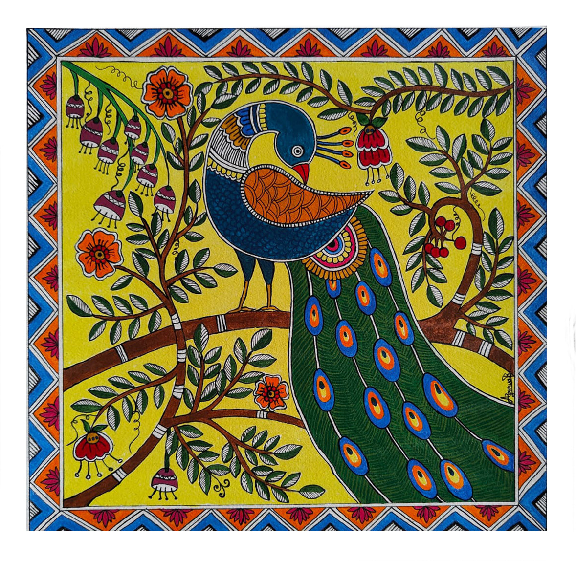 Peacock Madhubani Painting | Acrylic on Handmade Paper | You.Art